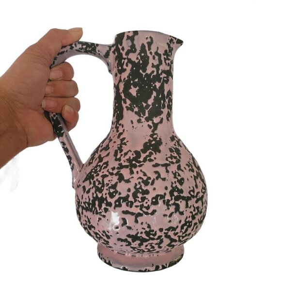 Vintage McCoy Brocade Pink on Black Pitcher 1950's Splatter Drip Glaze Server - Picture 7 of 9